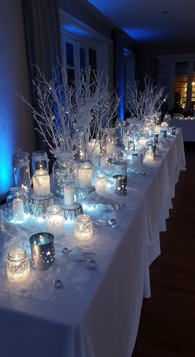Winter-themed table decor with white branches, silver ornaments, and glowing jars with fairy lights.