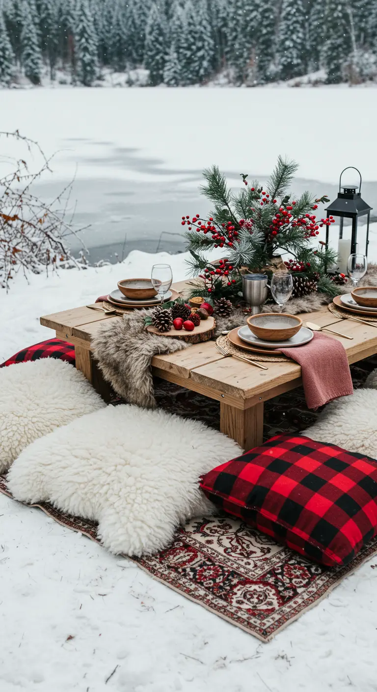 Winter picnic in the snow with sheepskin throws, buffalo check pillows, and pine decor.