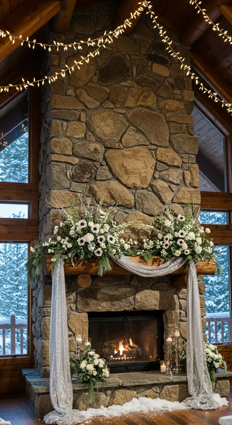 A stone lodge fireplace with white flowers, a silver sequin runner, and fairy lights.