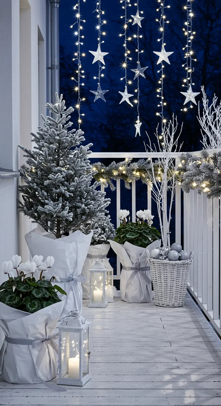 A white-themed balcony with flocked trees, white-wrapped planters, hanging stars, and white lanterns.
