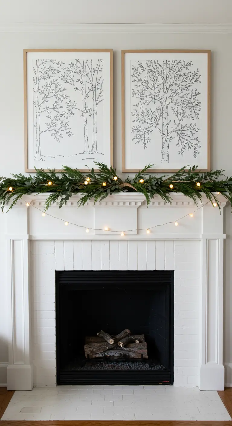 Minimalist winter mantel with a simple pine garland and line art of trees.