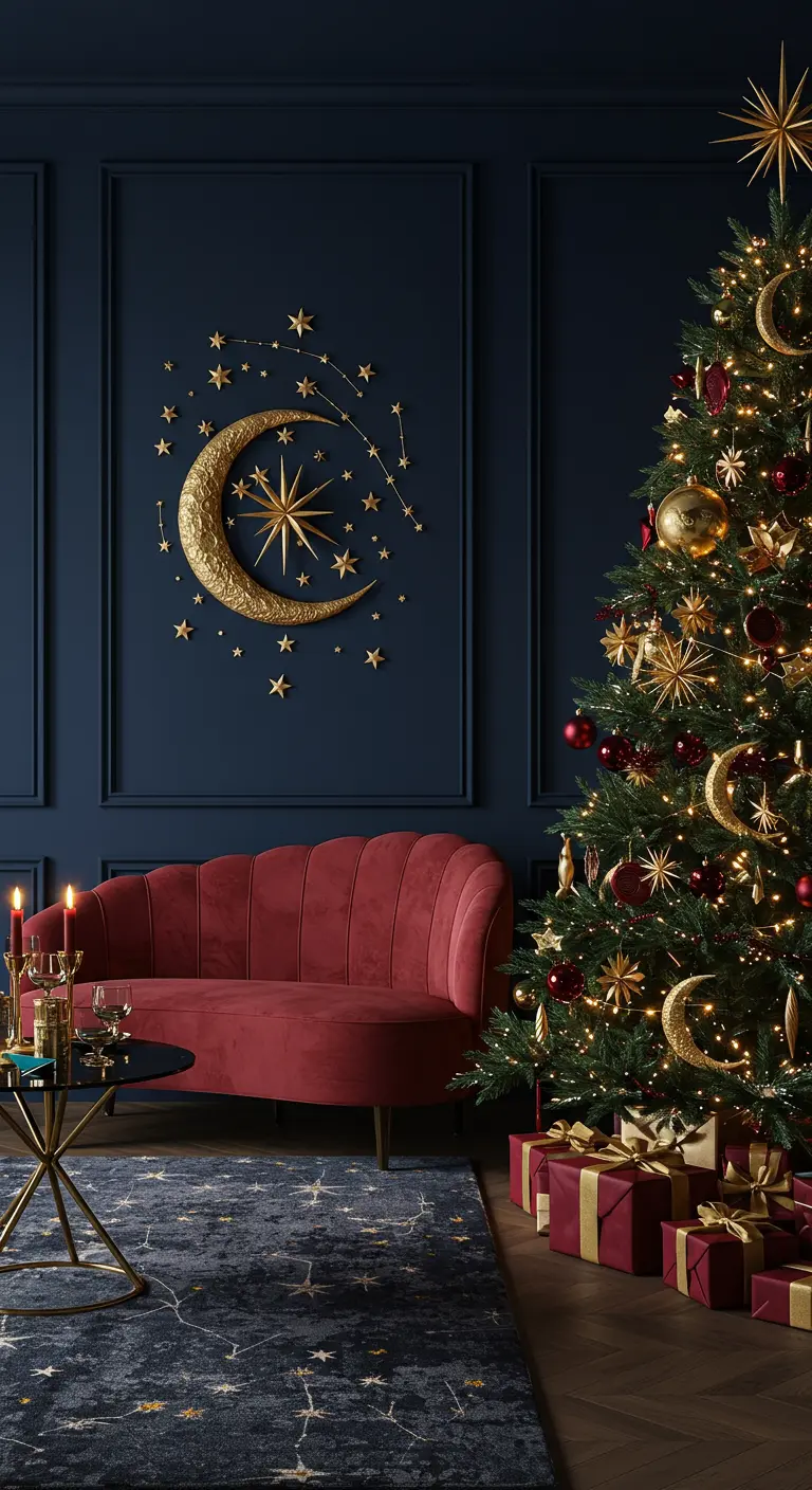 A Christmas tree next to a navy wall with gold celestial moon and star decorations.