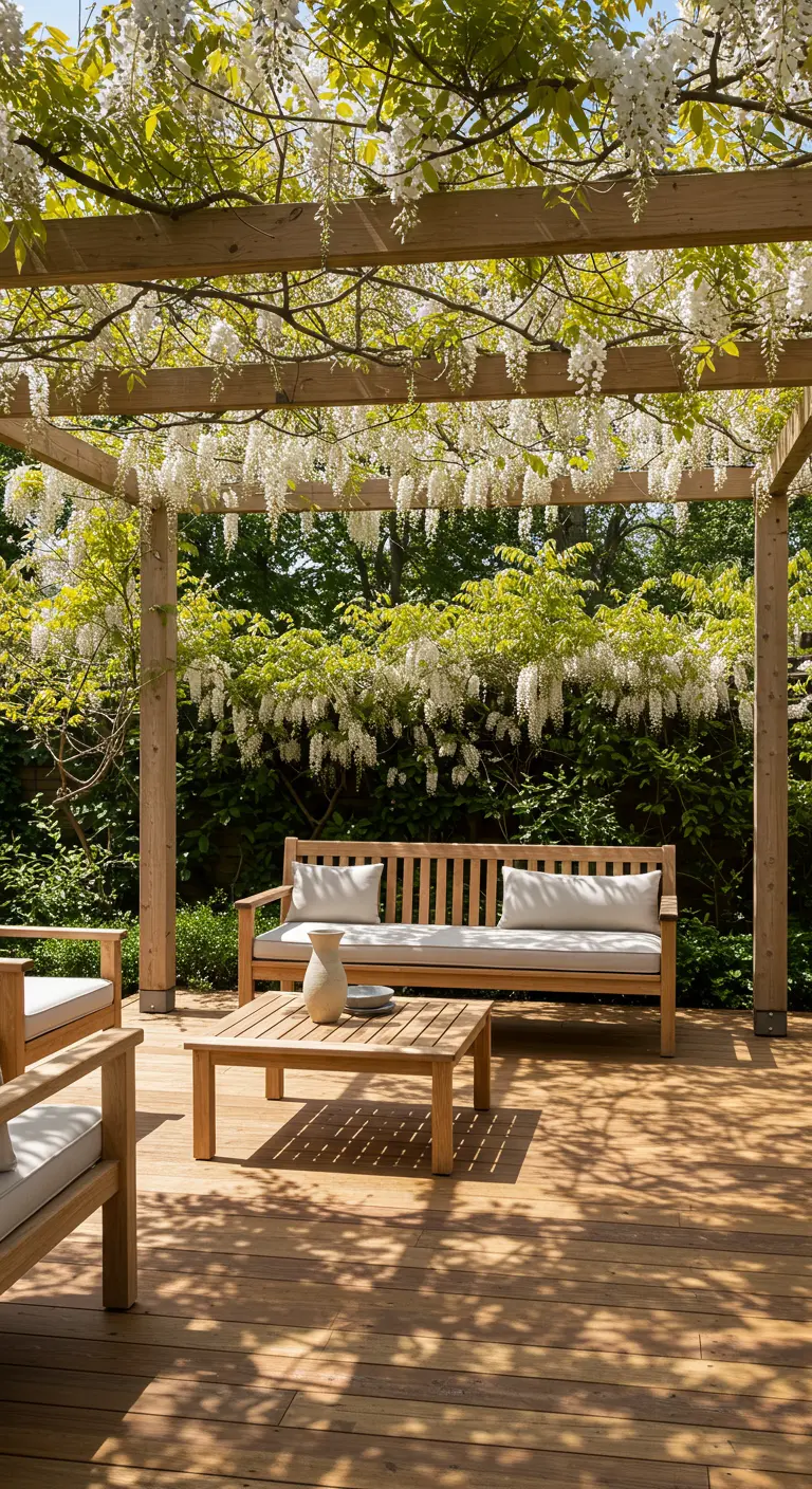 Light wood garden furniture under a pergola with hanging white wisteria flowers.