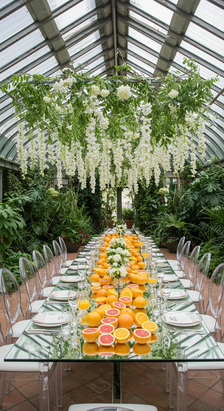 A long glass table under hanging wisteria, with a centerpiece runner of grapefruits and oranges.