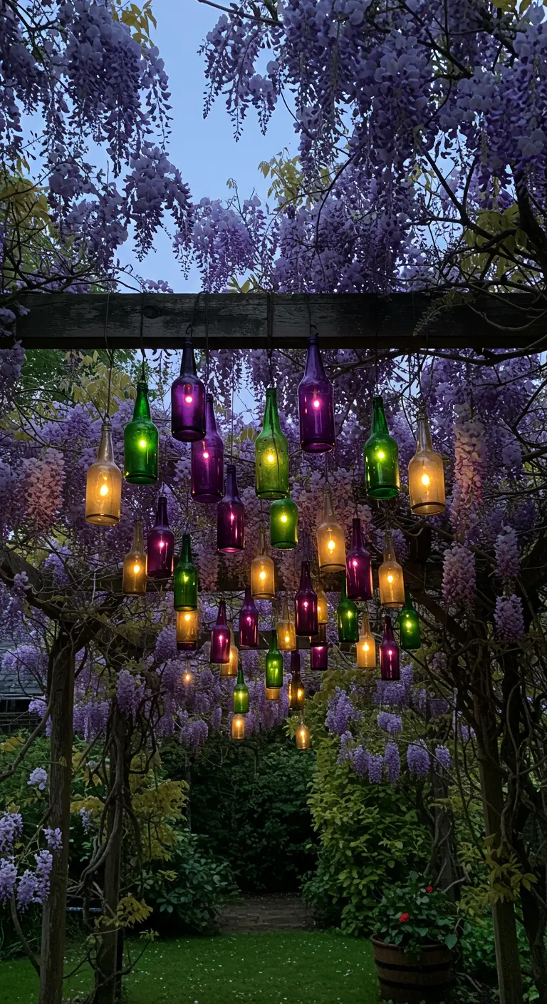 Purple and green bottle lanterns glowing under a thick canopy of purple wisteria flowers.