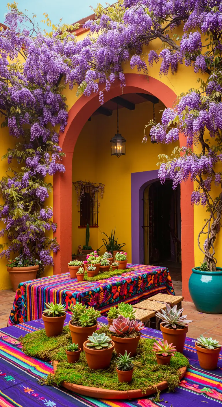 Colorful Mexican-style courtyard party with a succulent moss centerpiece and purple wisteria.