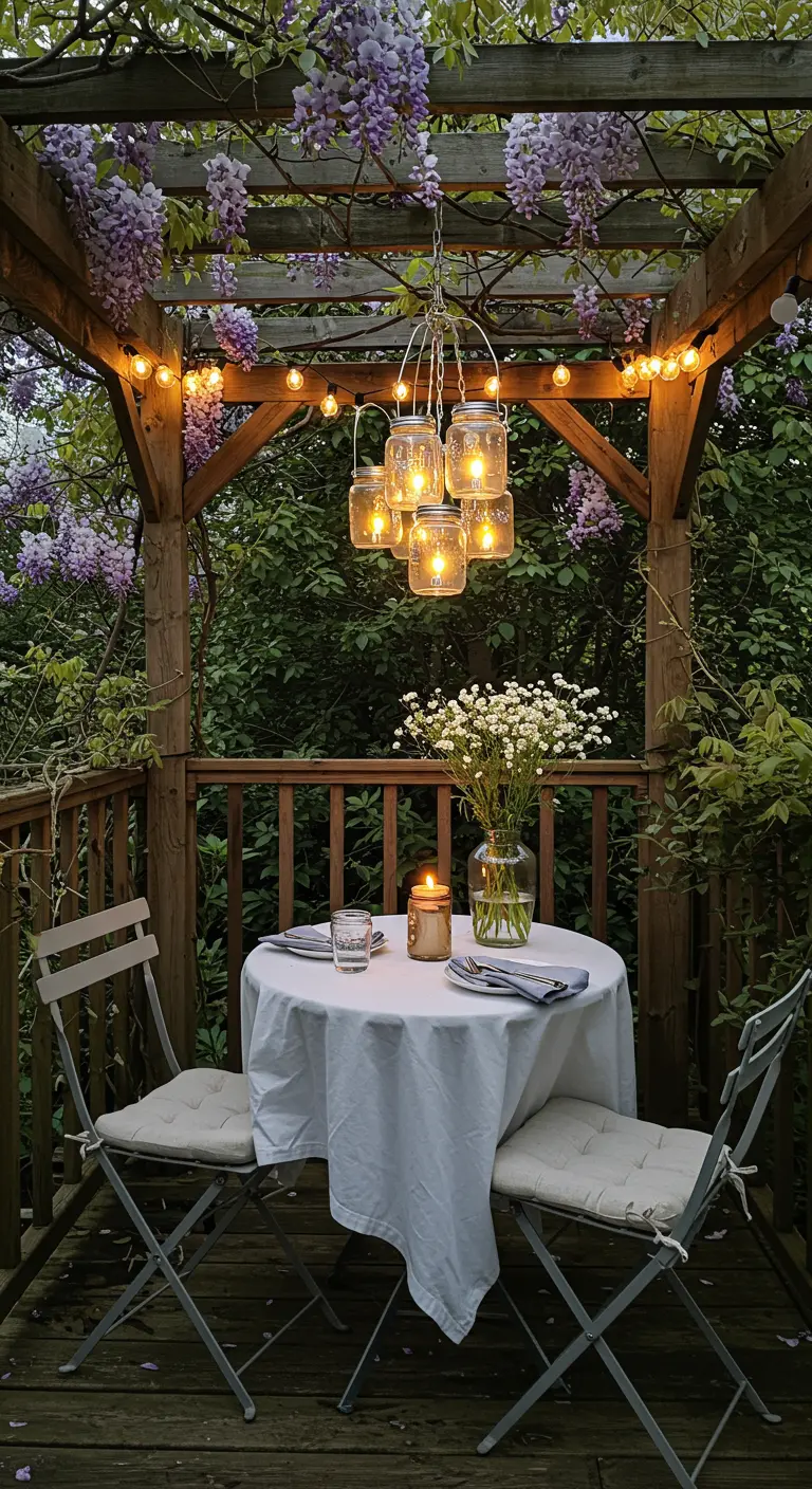 A romantic dining nook under a wisteria-draped pergola with a mason jar chandelier.