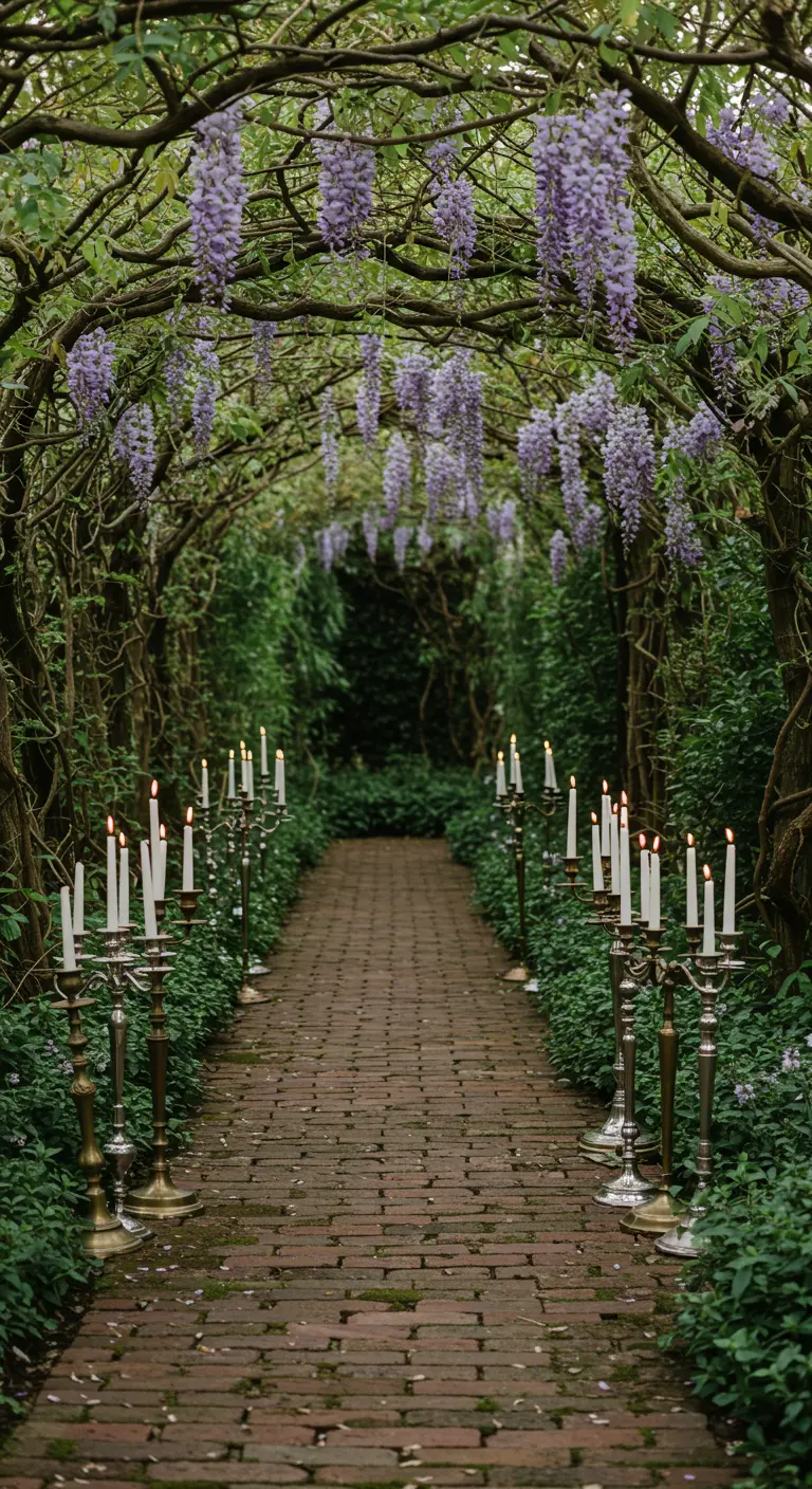 A brick path under a wisteria canopy lined with tall candelabras.