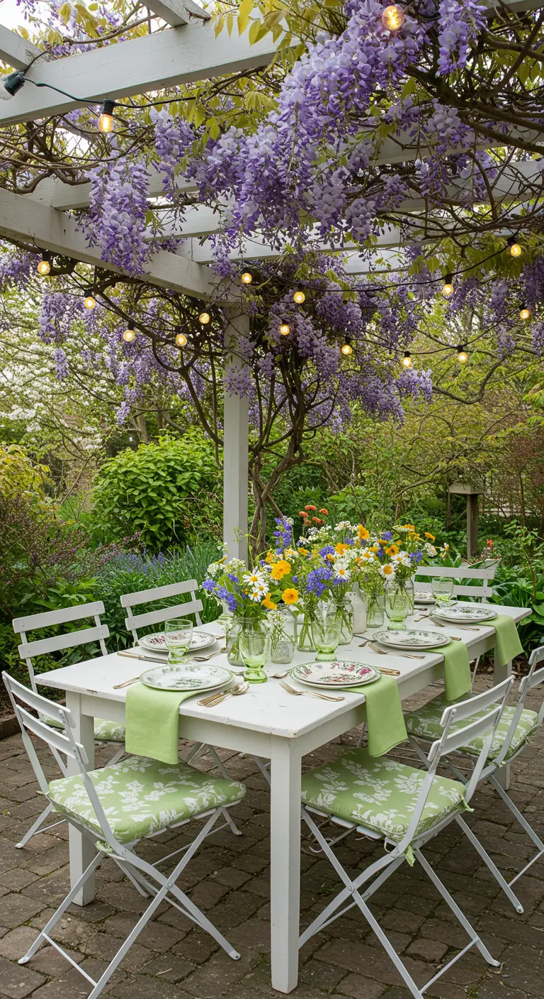 Outdoor table under a wisteria-covered pergola with green toile accents.