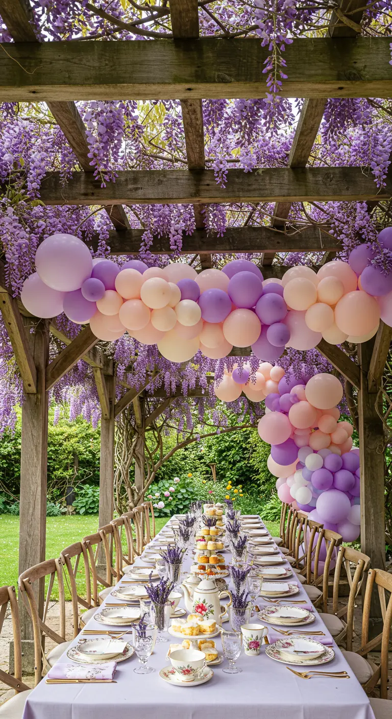 Long table under a wisteria-covered pergola with a lavender and peach balloon garland.