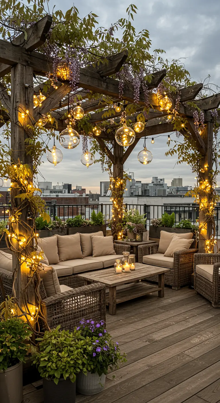 A rustic wooden pergola draped in wisteria and fairy lights, with hanging orb pendants over a lounge area.