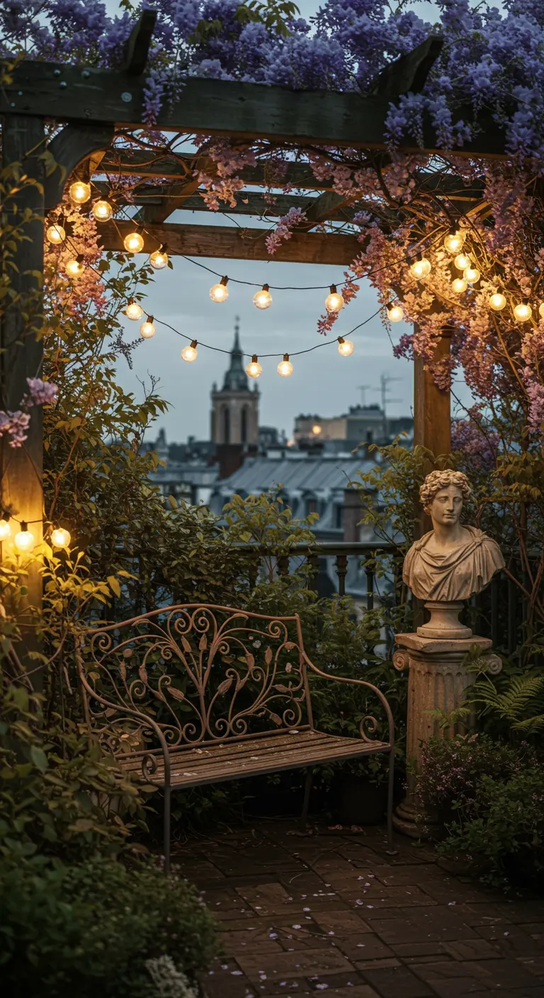 A wrought iron bench under a wisteria-covered pergola with string lights and a classical bust.