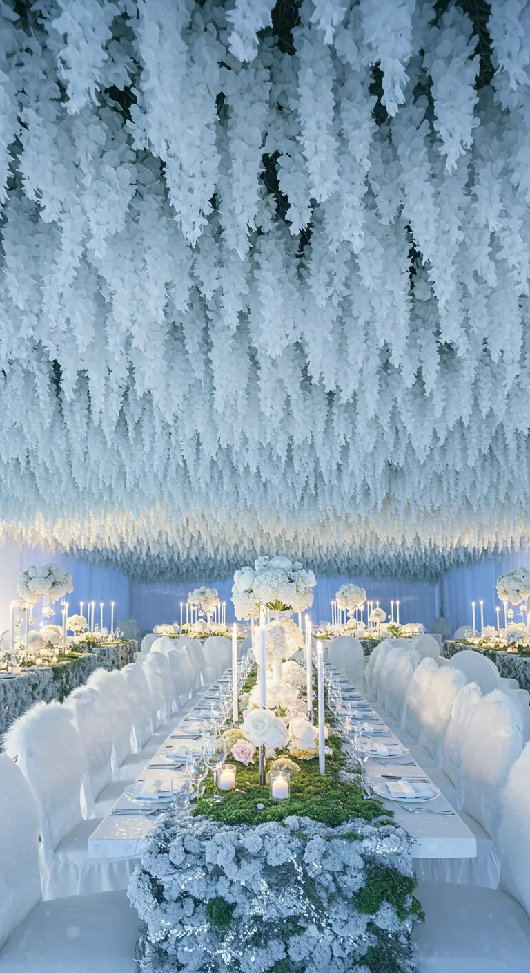 All-white party theme with a dense white wisteria ceiling and a frosted moss table runner.