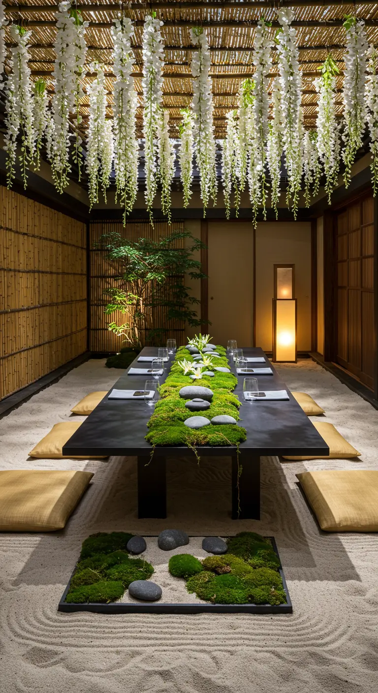 Minimalist Japanese-style dining room with a sand floor, low table, and wisteria ceiling.