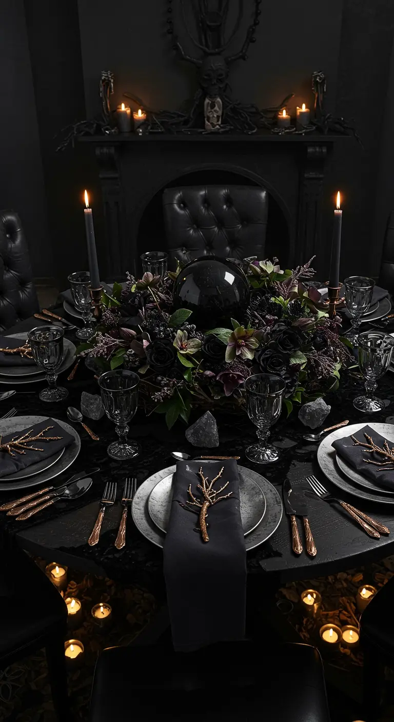 All-black table setting with bronze branch details on the napkins and a crystal ball.