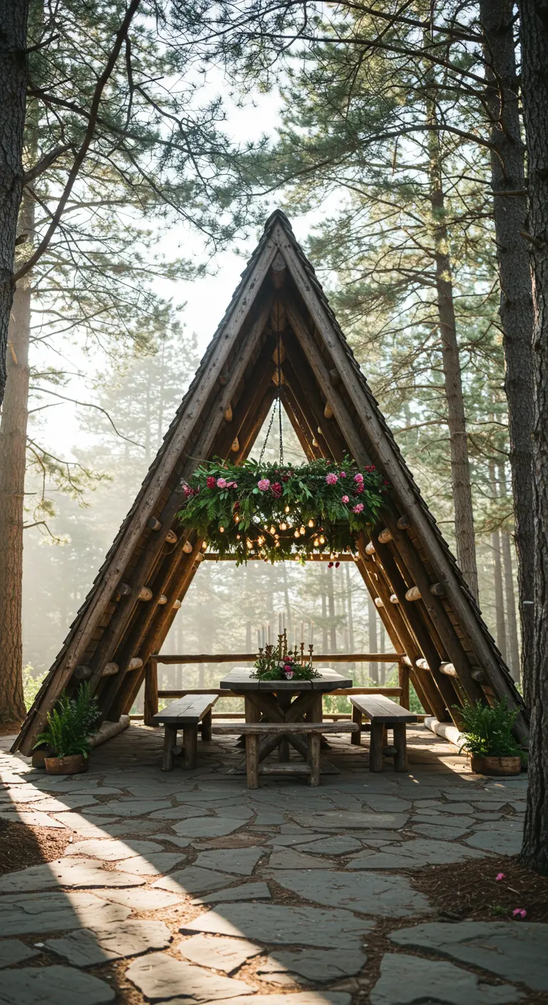 A wooden A-frame structure in a forest with a long floral and light chandelier.