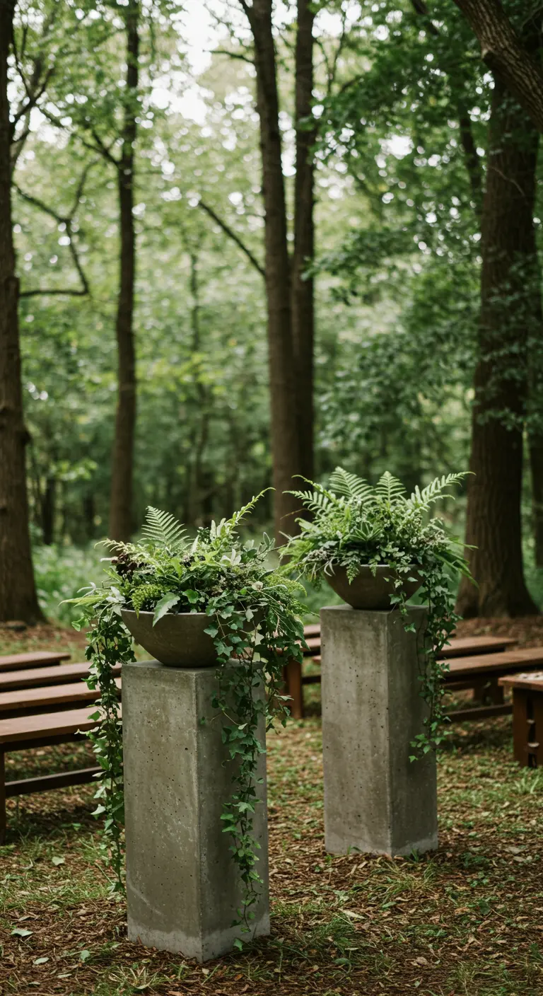 Concrete pillars in a forest setting topped with overflowing bowls of ferns and ivy.