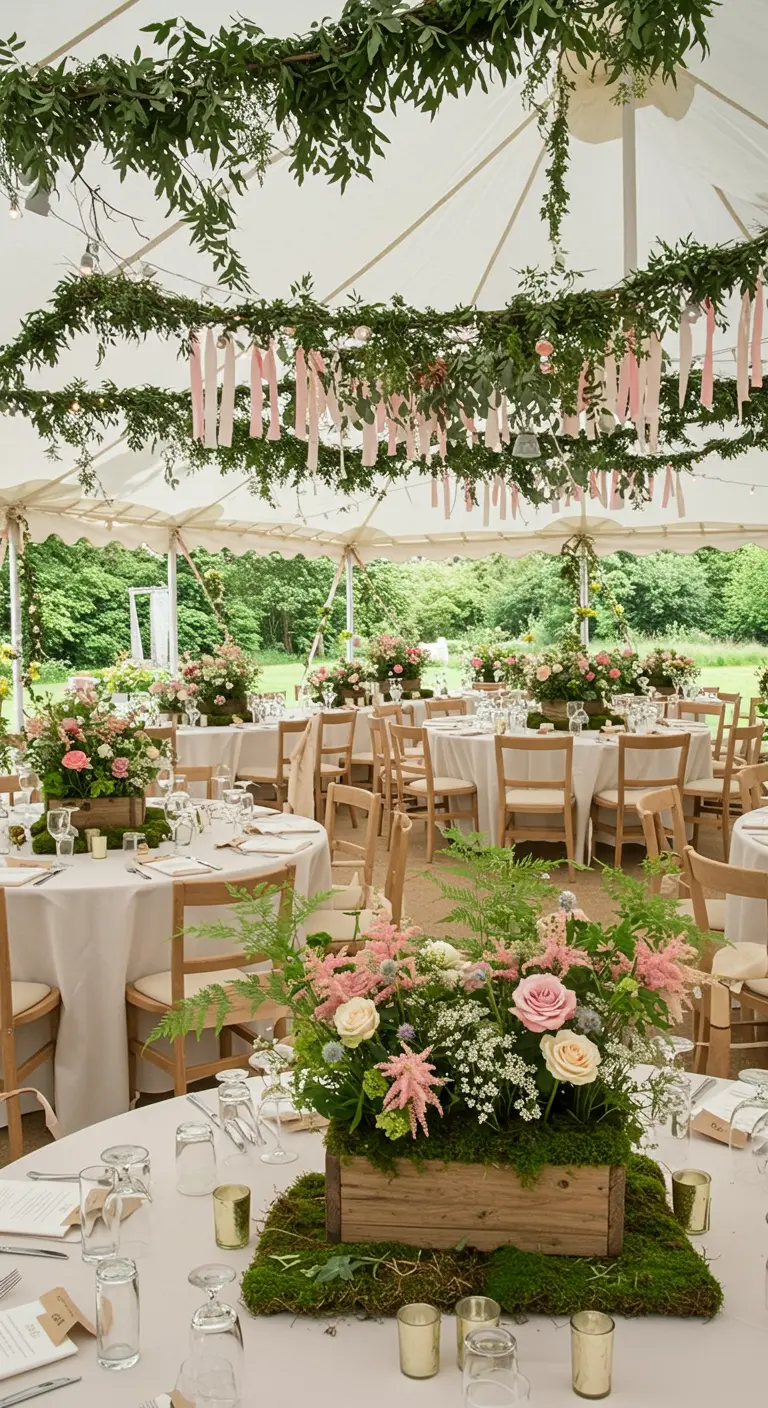Round wedding table with a rustic wooden box centerpiece filled with pink roses on a moss base.