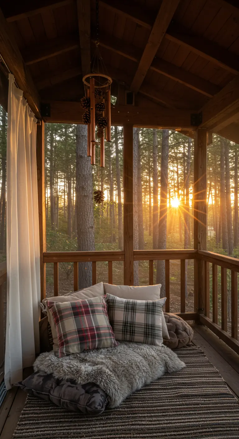 Rustic wooden porch with plaid pillows and a sheepskin throw looking into a forest.