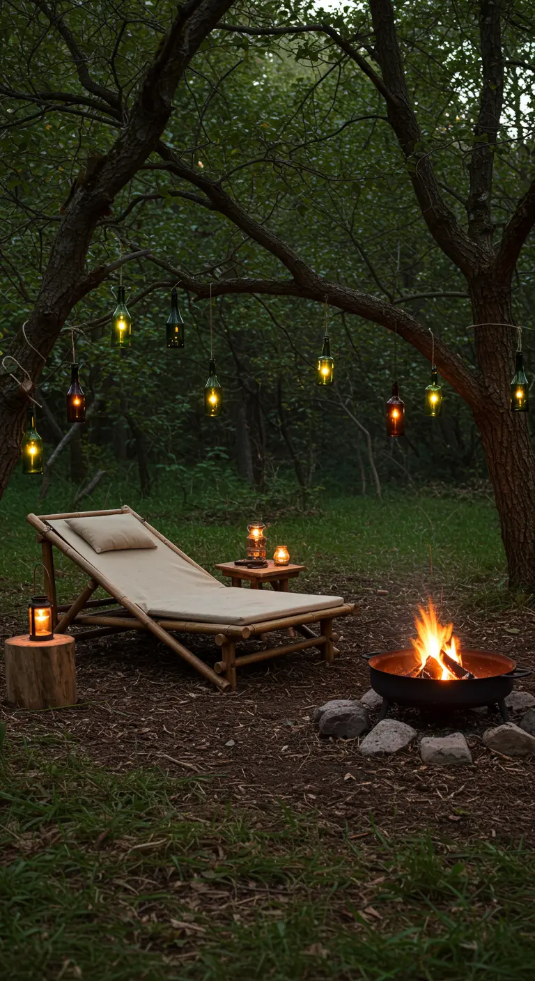 A bamboo lounger by a campfire in a woodland clearing with colorful bottle lanterns hanging from trees.