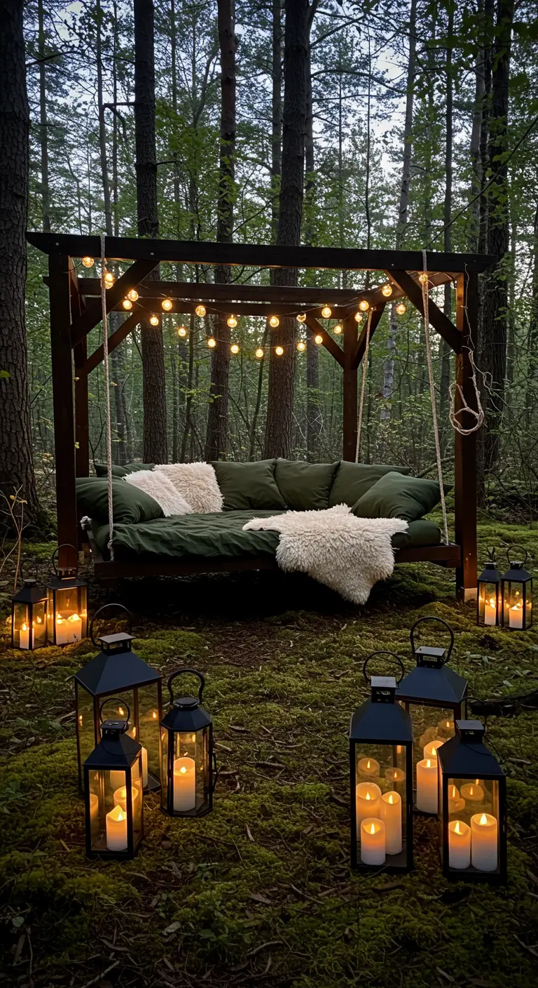 A wooden swing bed with green cushions in a forest, surrounded by glowing lanterns.