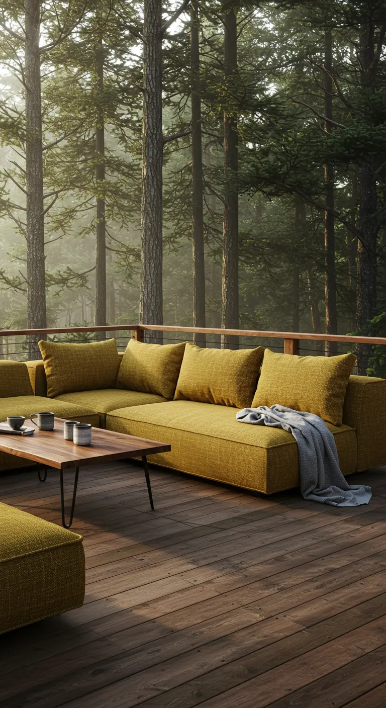 A mustard yellow sectional on a dark wood deck surrounded by a dense pine forest.