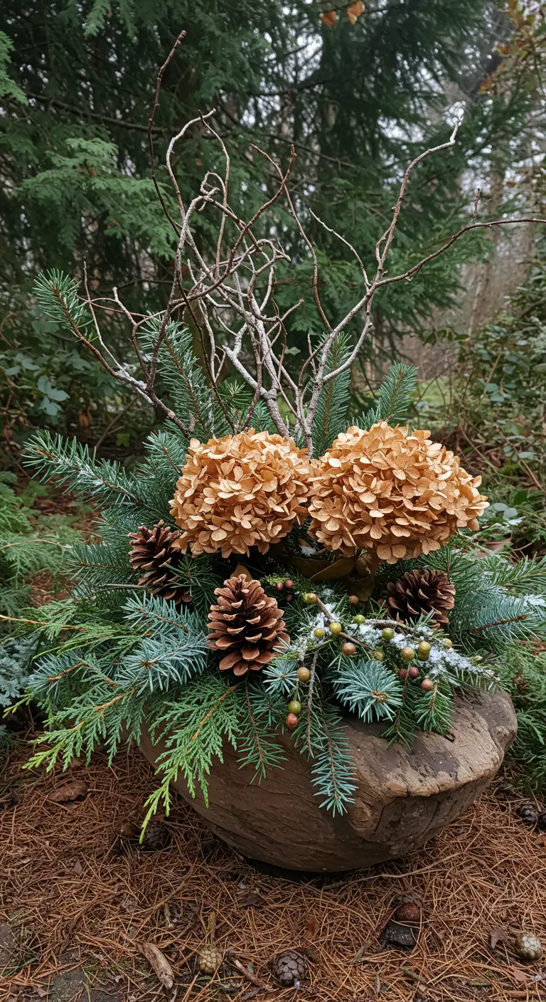 A rustic stone pot filled with evergreen cuttings, pinecones, and dried hydrangeas.
