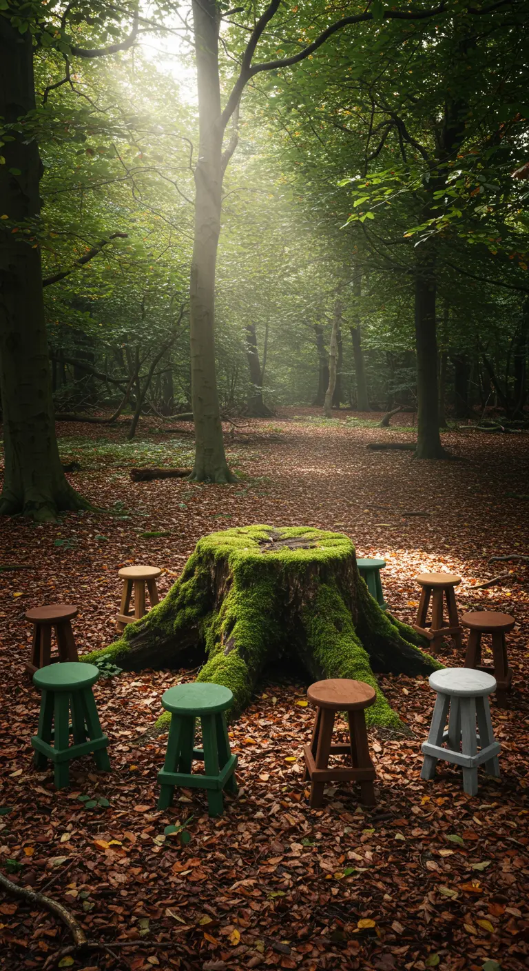 Stools in forest colors arranged around a moss-covered tree stump in a sun-dappled wood.