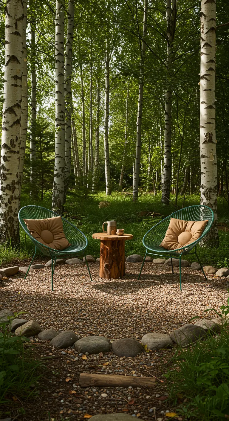 Two green wireframe chairs with brown tufted cushions on a gravel patch in a birch tree forest.
