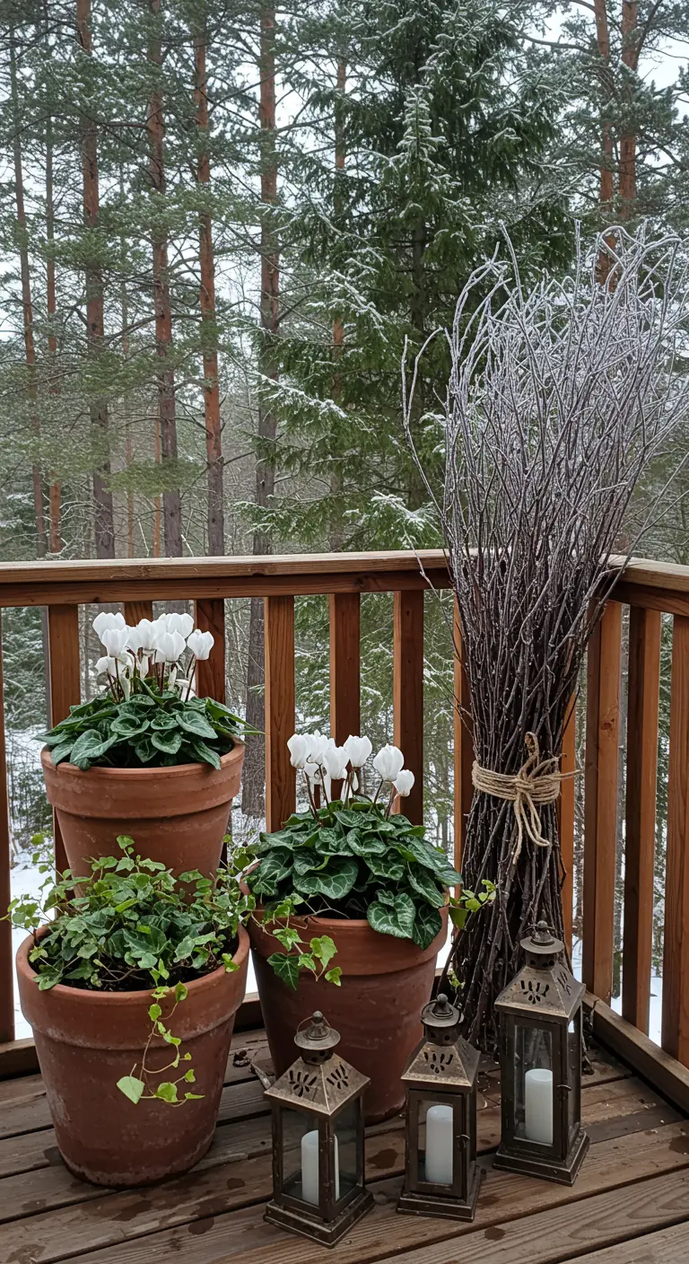 A rustic balcony with frosted branches, white cyclamen in terracotta pots, and antique-style lanterns.
