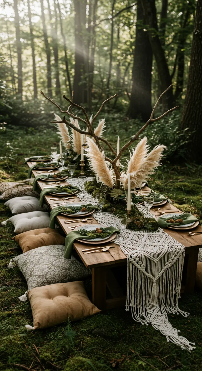 Enchanted forest picnic with a low table, moss, branch centerpiece, and pampas grass.