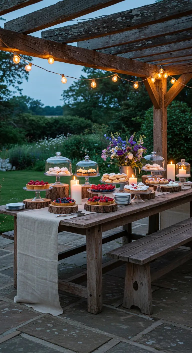 Long wooden table under a pergola, with desserts on log slices, cloches, and string lights overhead.