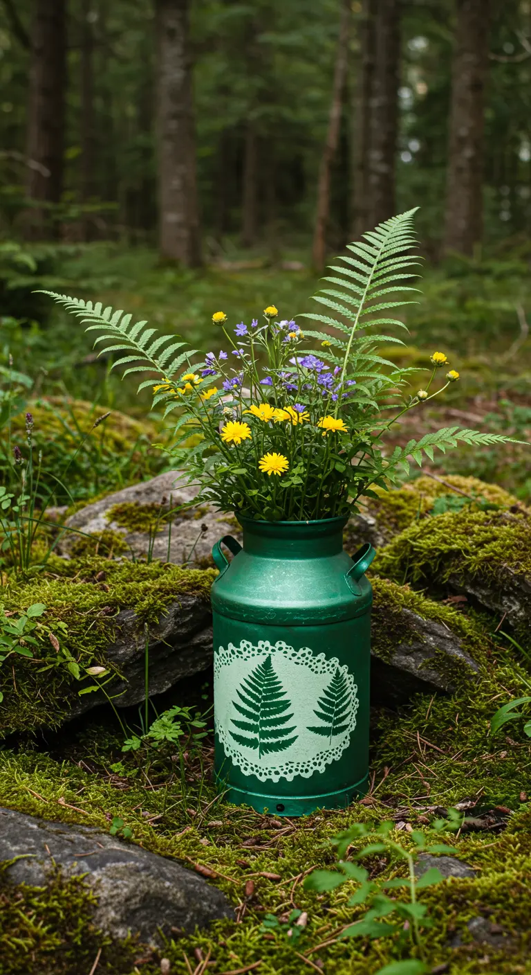 A forest green milk can with a white fern stencil sits on mossy rocks, filled with wild plants.