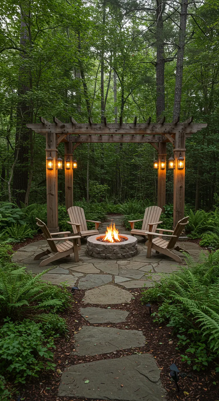 Four Adirondack chairs around a fire pit under a pergola in a lush forest setting.