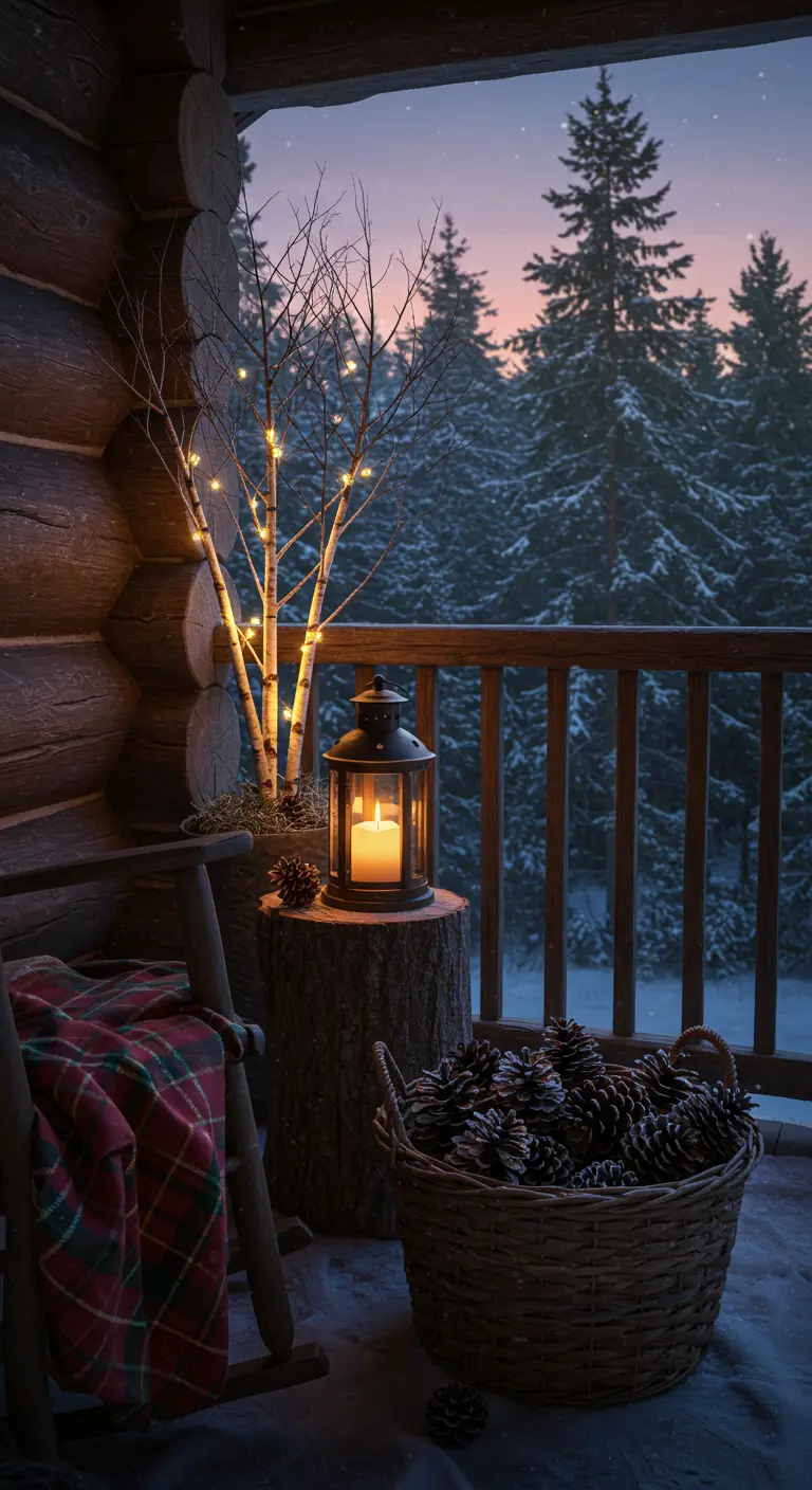 Rustic log cabin balcony with a basket of pinecones, a lantern, and lighted birch branches.
