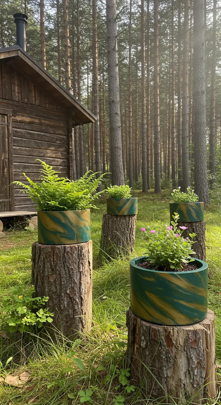 Green and gold marbled planters filled with ferns, displayed on tree stumps in a forest setting.