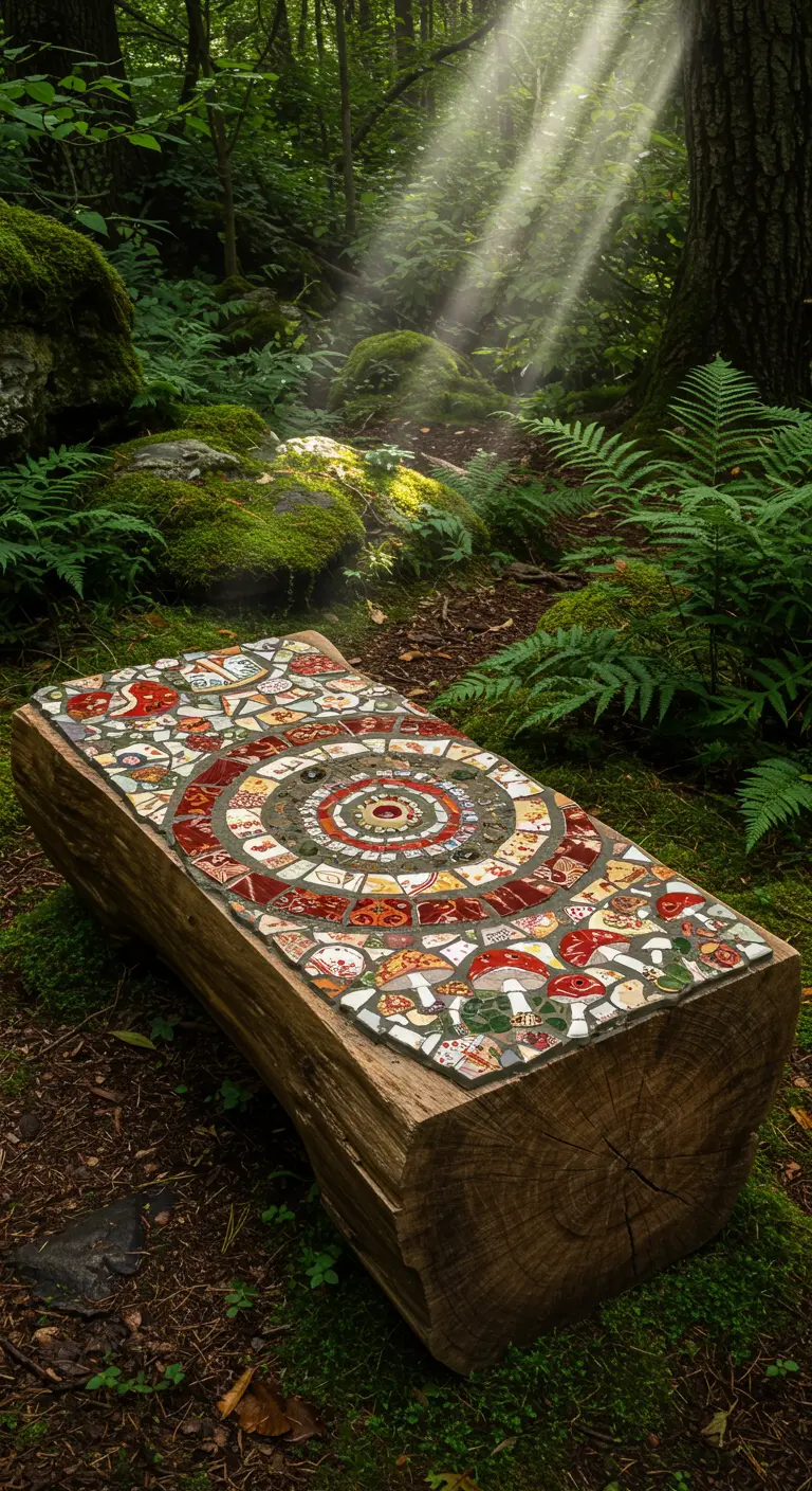 A thick log bench in a sunlit forest with a recessed circular mosaic in red, green, and gold.