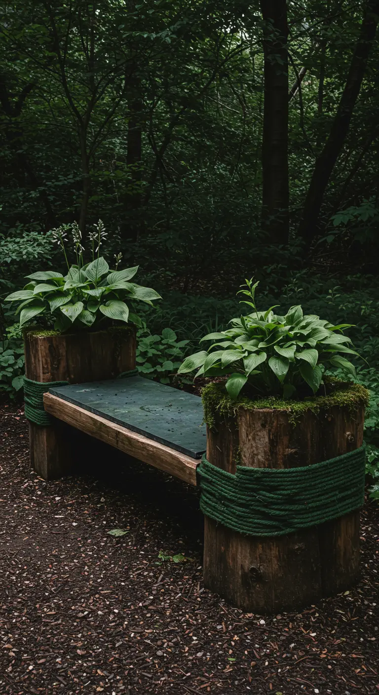 A rustic bench made of mossy logs and a dark slate seat, planted with Hostas in a forest.