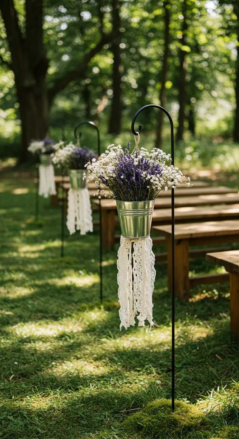 Galvanized pails of lavender and baby's breath hanging from shepherd's hooks.