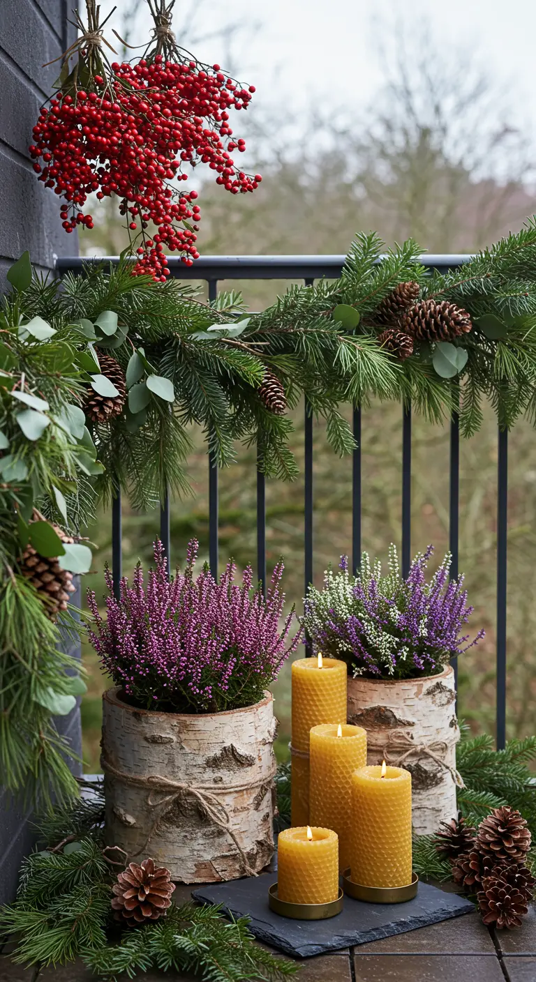 Rustic balcony with heather in birch-wrapped pots and beeswax candles.