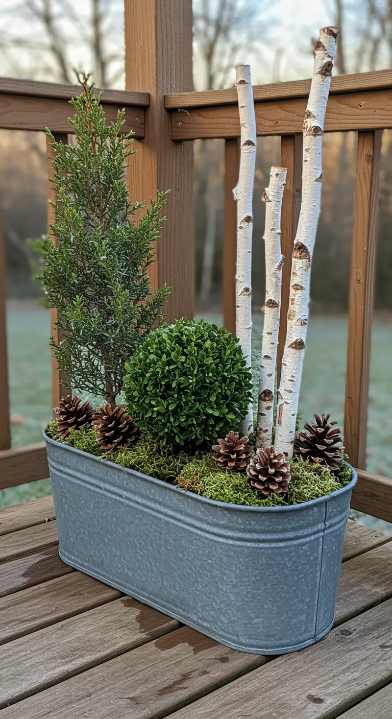 A galvanized metal trough planter with a conifer, boxwood, birch logs, and pinecones.