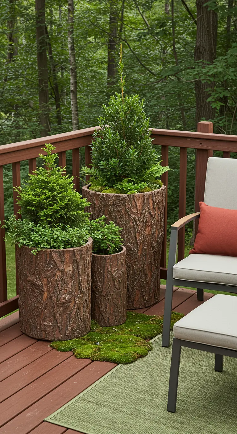Bark-textured planters and a moss mat on a wooden deck next to a chair with a red cushion.