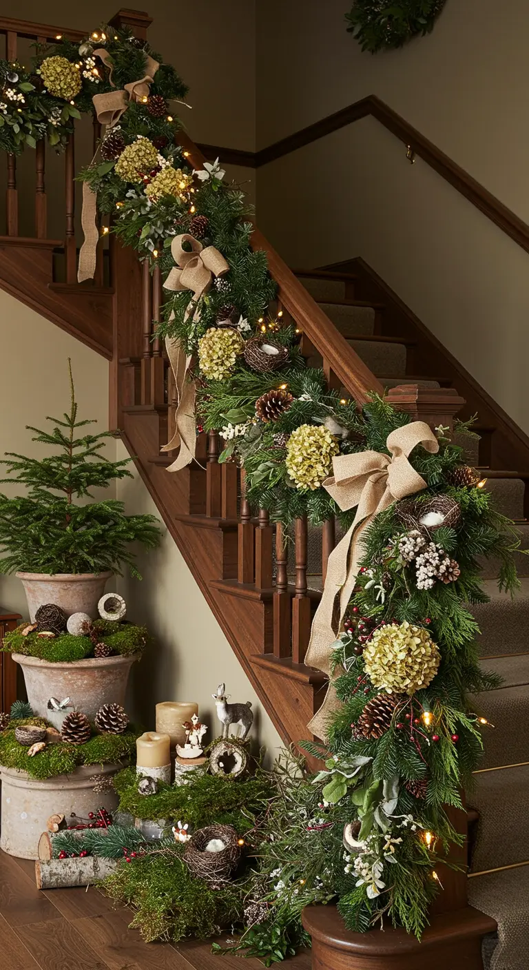 Wooden staircase with natural evergreen garland, burlap bows, dried hydrangeas, and bird nests.
