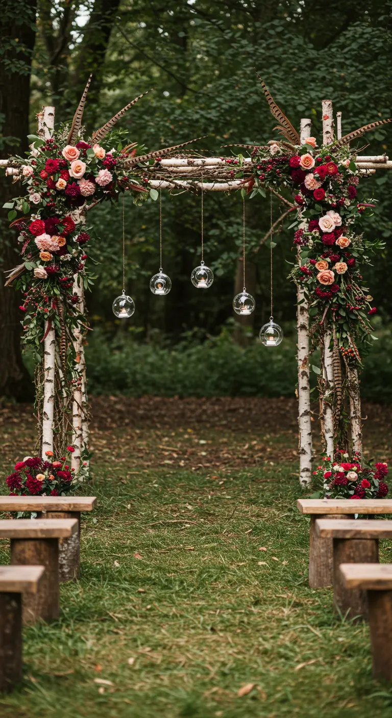 Birch wood wedding arch decorated with flowers, feathers, and hanging glass candles.