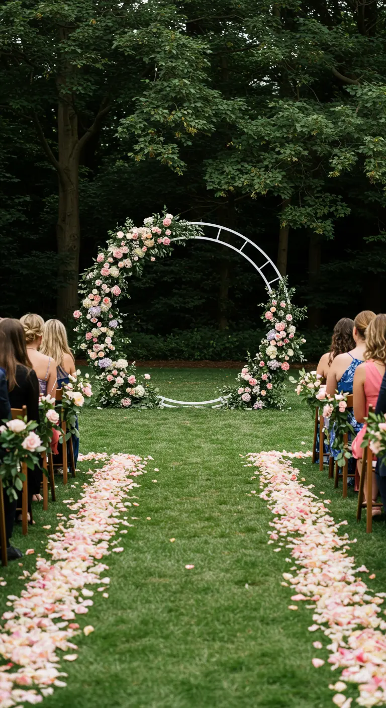 A white floral hoop arch in a forest with a thick path of rose petals.