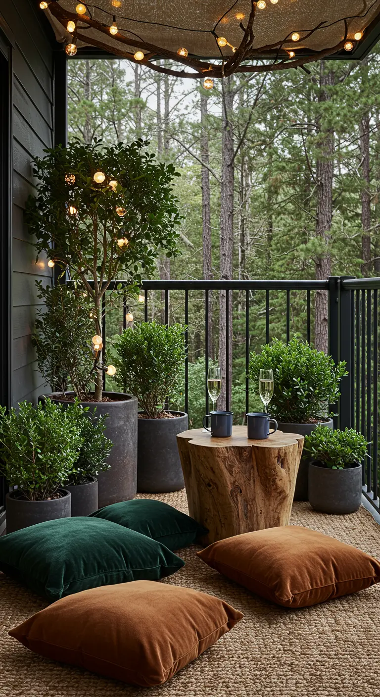 Balcony with a lit tree, wood stump table, and deep green and brown cushions.