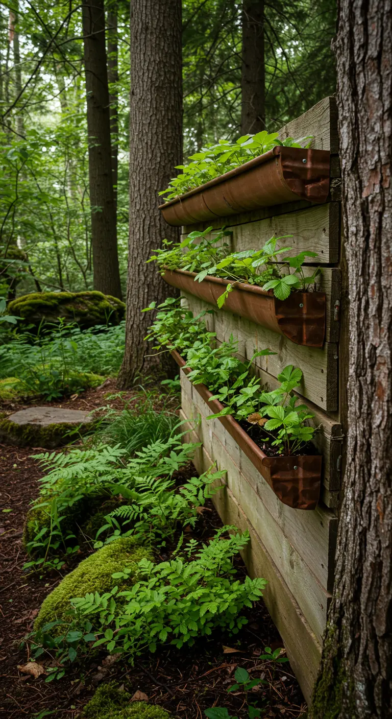 Copper gutters on a wooden wall in a forest with strawberries and ferns