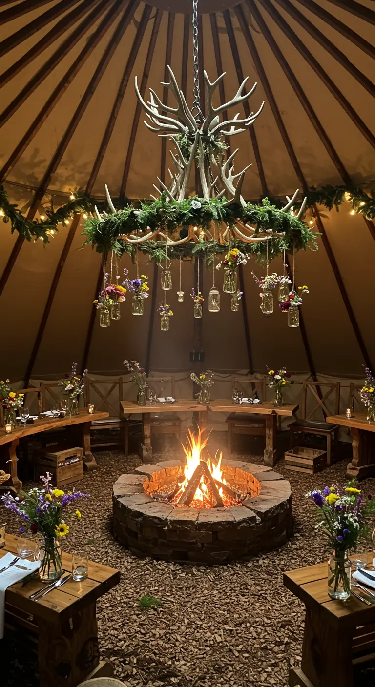 A yurt with a central fire pit and a hanging antler chandelier decorated with wildflowers.