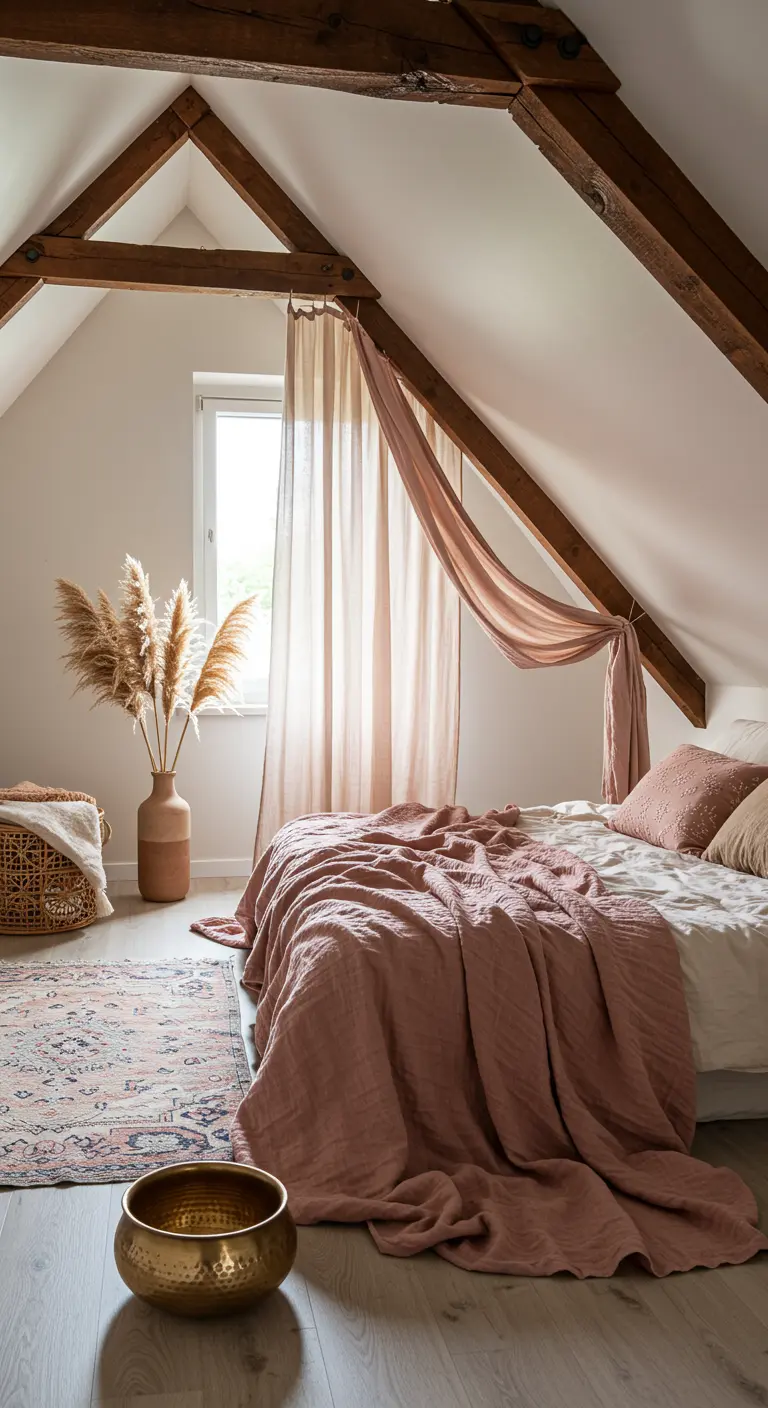 A pink curtain is draped over a wooden beam in an attic bedroom.