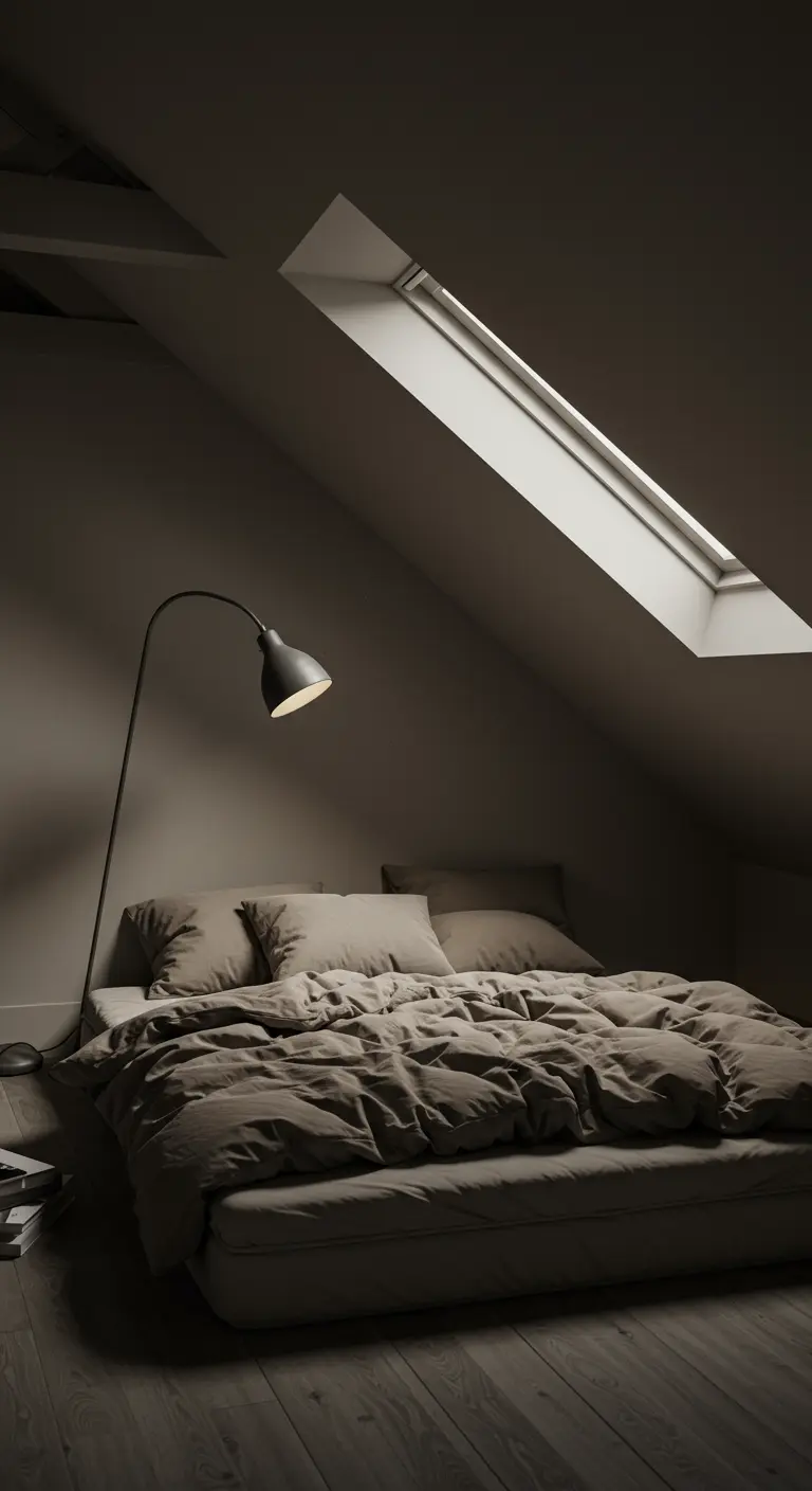 Cozy attic bedroom with a floor mattress and an adjustable reading lamp.
